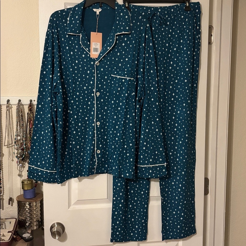 Eberjey GISELE Pajama Set Womens Long Sleeve Pant Printed Sapphire/Ivory - Picture 4 of 7